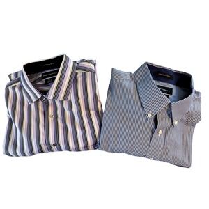 Lot of 2 Paul Fredrick Mens Classic Fit Non-Iron Cotton Striped Dress Shirts